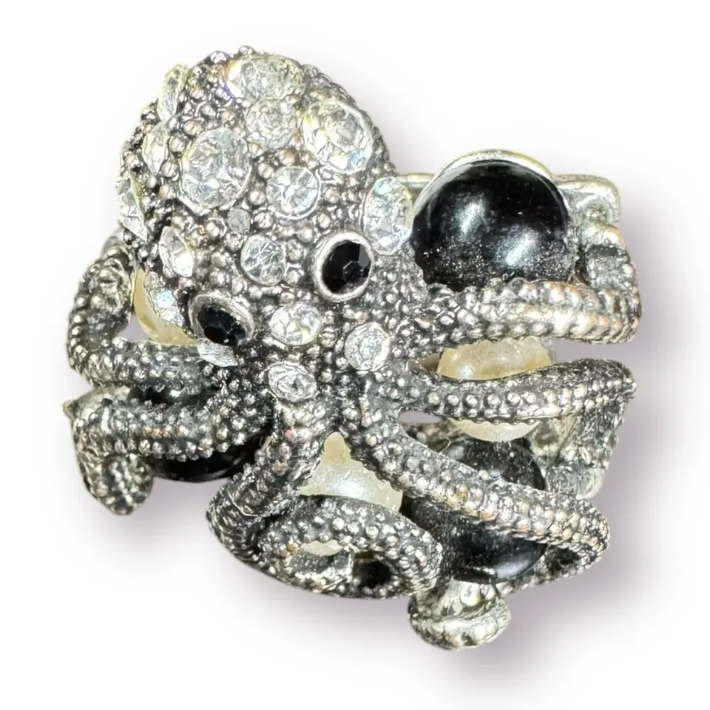 Silver Octopus‎ Multi Color Pearl Ring Vintage Size 17 Retro Rhinestone Gothcore